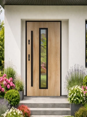 Model ANOLIS LOFT PREMIUM 72 mm front door with black frame and black bar – energy efficient [Ud=1.1] modern external door with mirrored glass
