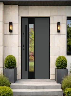 Model CAMELEO LOFT PREMIUM 72 mm front door with black frame and black bar – energy efficient [Ud=1.1] modern external door with mirrored glass