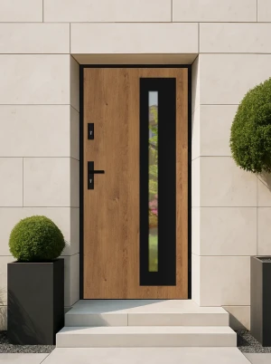Model LUMO LOFT PREMIUM 72 mm front door with black frame and black handle – energy efficient [Ud=1.1] modern external door with mirrored glass