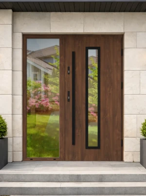 Contemporary energy saving external door and frame set model ANOLIS BLACK PREMIUM 72mm with glazed sidelight and black bar made to measure B