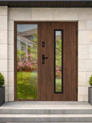 Contemporary energy saving external door and frame set model ANOLIS BLACK PREMIUM 72mm with glazed sidelight and black handle made to measure A