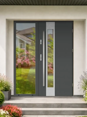 Contemporary energy saving external door and frame set model CAMELEO PREMIUM 72mm with glazed sidelight and bar made to measure Inox Design D