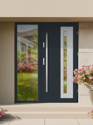 Contemporary energy saving external door and frame set model LUMO PREMIUM 72mm with glazed sidelight and bar made to measure Inox Design D
