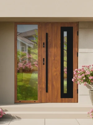 Contemporary energy saving external door and frame set model LUMO BLACK PREMIUM 72mm with glazed sidelight and black bar made to measure B