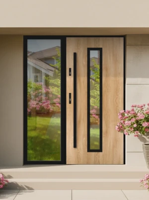 Model ANOLIS LOFT PREMIUM 72 mm front door with sidelight / side panel with black frame and black bar - energy efficient modern external door with mir