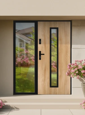 Model ANOLIS LOFT PREMIUM 72 mm front door with sidelight / side panel with black frame and black handle - energy efficient modern external door with