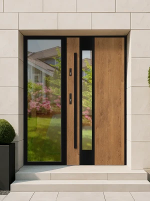 Model CAMELEO LOFT PREMIUM 72 mm front door with sidelight / side panel with black frame and black bar - energy efficient modern external door with mi
