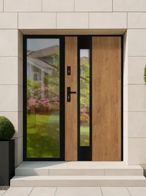 Model CAMELEO LOFT PREMIUM 72 mm front door with sidelight / side panel with black frame and black handle - energy efficient modern external door with