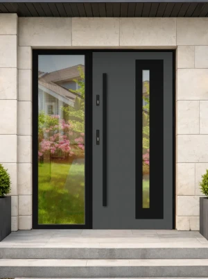Model LUMO LOFT PREMIUM 72 mm front door with sidelight / side panel with black frame and black bar - energy efficient modern external door with mirro