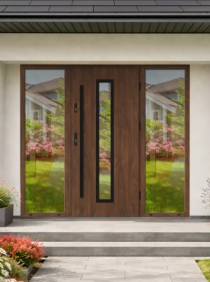 Model ANOLIS BLACK PREMIUM 72 mm front door with double sidelights / side panels with black bar - energy efficient modern external door with mirrored