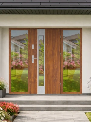 Model CAMELEO PREMIUM 72 mm front door with double sidelights / side panels with handle – energy efficient modern external door with mirrored glass In