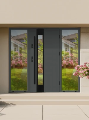 Model CAMELEO BLACK PREMIUM 72 mm front door with double sidelights / side panels with black bar - energy efficient modern external door with mirrored