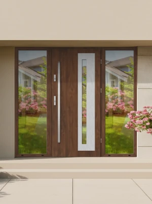 Model LUMO PREMIUM 72 mm front door with double sidelights / side panels with bar – energy efficient modern external door with mirrored glass Inox Des