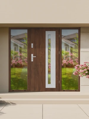 Model LUMO PREMIUM 72 mm front door with double sidelights / side panels with handle – energy efficient modern external door with mirrored glass Inox