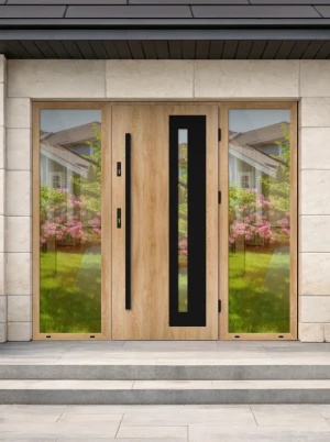 Model LUMO BLACK PREMIUM 72 mm front door with double sidelights / side panels with black bar - energy efficient modern external door with mirrored gl