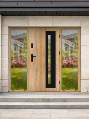 Model LUMO BLACK PREMIUM 72 mm front door with double sidelights / side panels with black handle - energy efficient modern external door with mirrored
