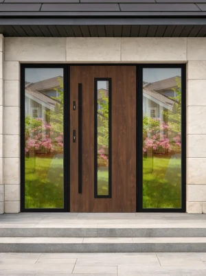 Model ANOLIS LOFT PREMIUM 72 mm front door with double sidelights / side panels with black frame and black bar - energy efficient modern external door