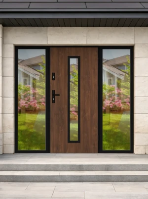 Model ANOLIS LOFT PREMIUM 72 mm front door with double sidelights / side panels with black frame and black handle - energy efficient modern external d