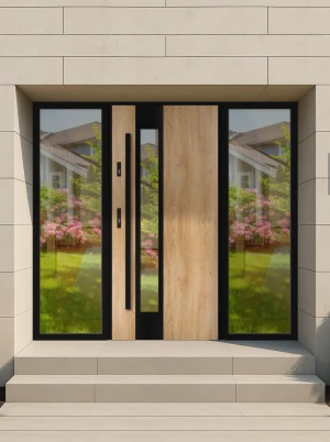 Model CAMELEO LOFT PREMIUM 72 mm front door with double sidelights / side panels with black frame and black bar - energy efficient modern external doo