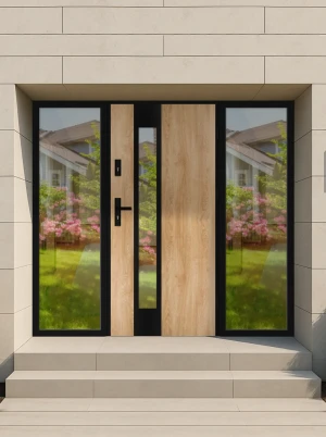 Model CAMELEO LOFT PREMIUM 72 mm front door with double sidelights / side panels with black frame and black handle - energy efficient modern external