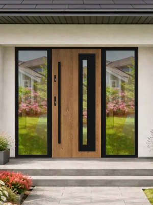 Model LUMO LOFT PREMIUM 72 mm front door with double sidelights / side panels with black frame and black bar - energy efficient modern external door w