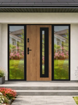 Model LUMO LOFT PREMIUM 72 mm front door with double sidelights / side panels with black frame and black handle - energy efficient modern external doo