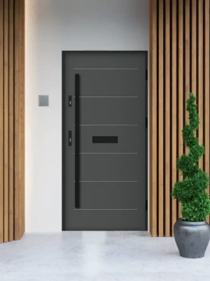Model AVON BLACK PREMIUM 72 mm front door with black bar – energy efficient [Ud=1.1] modern external door