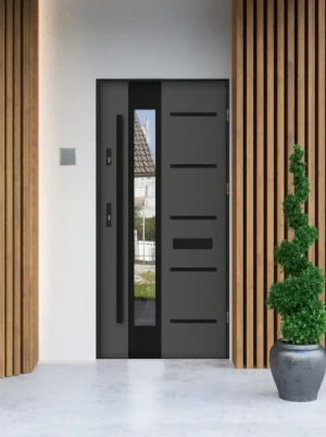 Model UTA BLACK PREMIUM 72 mm front door with black bar – energy efficient [Ud=1.1] modern external door with mirrored glass