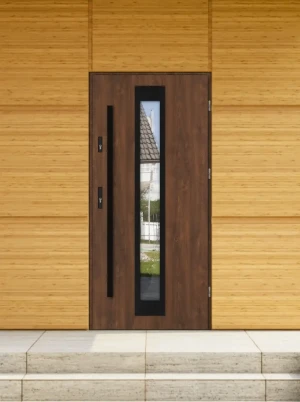 Model IGUANA BLACK PREMIUM 72 mm front door with black bar – energy efficient [Ud=1.1] modern external door with mirrored glass