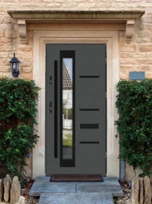 Model GRECA BLACK PREMIUM 72 mm front door with black bar – energy efficient [Ud=1.1] modern external door with mirrored glass