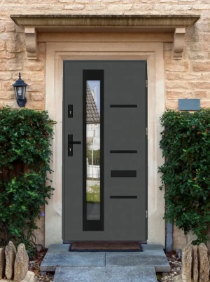 Model GRECA BLACK PREMIUM 72 mm front door with black handle – energy efficient [Ud=1.1] modern external door with mirrored glass