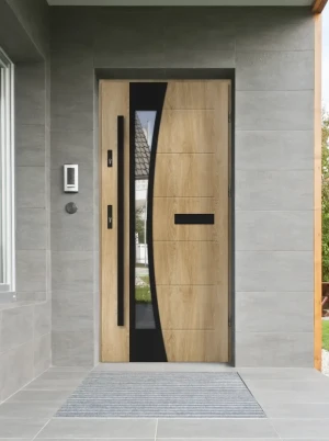 Model BELLIS BLACK PREMIUM 72 mm front door with black bar – energy efficient [Ud=1.1] modern external door with mirrored glass