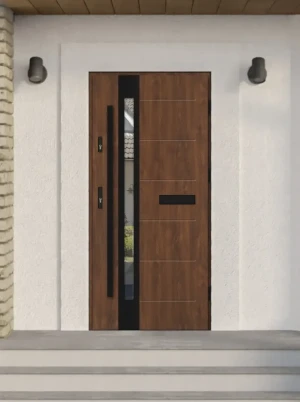 Model SLIM BLACK PREMIUM 72 mm front door with black bar – energy efficient [Ud=1.1] modern external door with mirrored glass