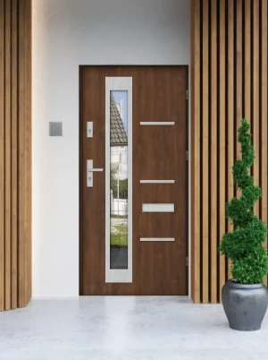 Contemporary modern front door and frame set triple-glazed mirrored glass - Model GRECA PREMIUM 72mm – energy efficient U=1.1 with handle Inox Design
