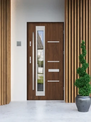 Contemporary external door and frame set triple-glazed mirrored glass - Model GRECA PREMIUM 72mm energy efficient U=1.1 with bar Inox Design