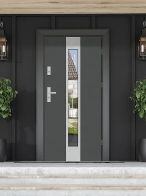Model PAPUA PREMIUM 72 mm front door with handle – energy efficient [Ud=1.1] modern external door with triple-glazed mirrored glass Inox Design