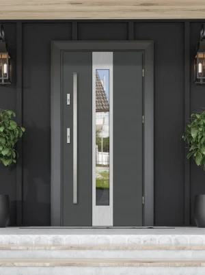Model PAPUA PREMIUM 72 mm front door with bar – energy efficient [Ud=1.1] modern external door with triple-glazed mirrored glass Inox Design