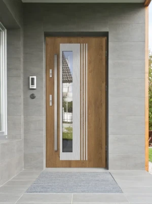 Model VARIUS PREMIUM 72 mm front door with bar – energy efficient [Ud=1.1] modern external door with triple-glazed mirrored glass Inox Design