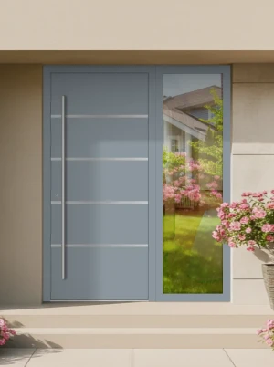 SAFE Fully fitted premium aluminium flush  front door & sidelight sleek modern energy saving AluElegance  | Made to measure, fully fitted sidelight, safety glazing | M02 INOX