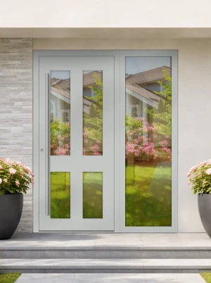 SAFE Fully fitted premium aluminium flush  front door & sidelight sleek modern energy saving AluElegance  | Made to measure, fully fitted sidelight, safety glazing | M09 INOX