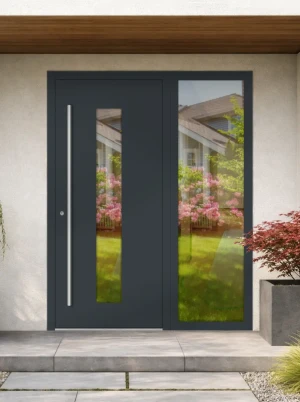 SAFE Fully fitted premium aluminium flush  front door & sidelight sleek modern energy saving AluElegance  | Made to measure, fully fitted sidelight, safety glazing | M15 INOX