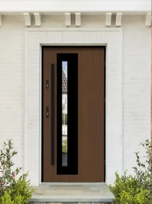 Model NATRIX LOFT PREMIUM 72 mm front door with black frame and black bar – energy efficient [Ud=1.1] modern external door with mirrored glass