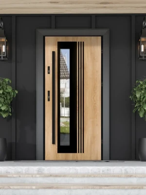 Model VARIUS LOFT PREMIUM 72 mm front door with black frame and black bar – energy efficient [Ud=1.1] modern external door with mirrored glass