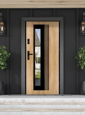 Model VARIUS LOFT PREMIUM 72 mm front door with black frame and black handle – energy efficient [Ud=1.1] modern external door with mirrored glass
