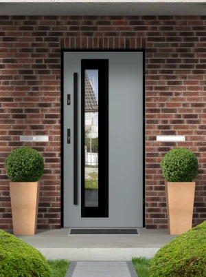 Model PALLAS LOFT PREMIUM 72 mm front door with black frame and black bar – energy efficient [Ud=1.1] modern external door with mirrored glass