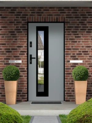 Model PALLAS LOFT PREMIUM 72 mm front door with black frame and black handle – energy efficient [Ud=1.1] modern external door with mirrored glass