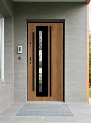 Model COLLARIS LOFT PREMIUM 72 mm front door with black frame and black bar – energy efficient [Ud=1.1] modern external door with mirrored glass
