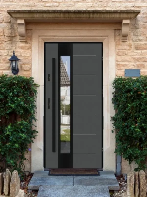 Model CAIMAN LOFT PREMIUM 72 mm front door with black frame and black bar – energy efficient [Ud=1.1] modern external door with mirrored glass