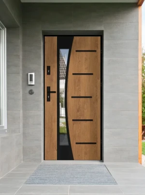 Model AGAMA LOFT PREMIUM 72 mm front door with black frame and black handle – energy efficient [Ud=1.1] modern external door with mirrored glass