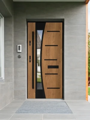 Model AGAMA LOFT PREMIUM 72 mm front door with black frame and black bar – energy efficient [Ud=1.1] modern external door with mirrored glass